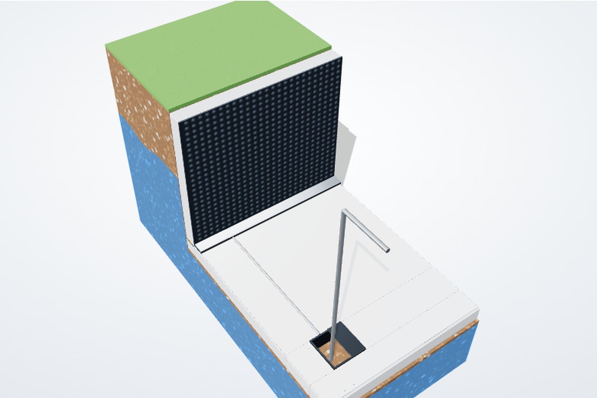 Cutaway render of a waterproofed basement
