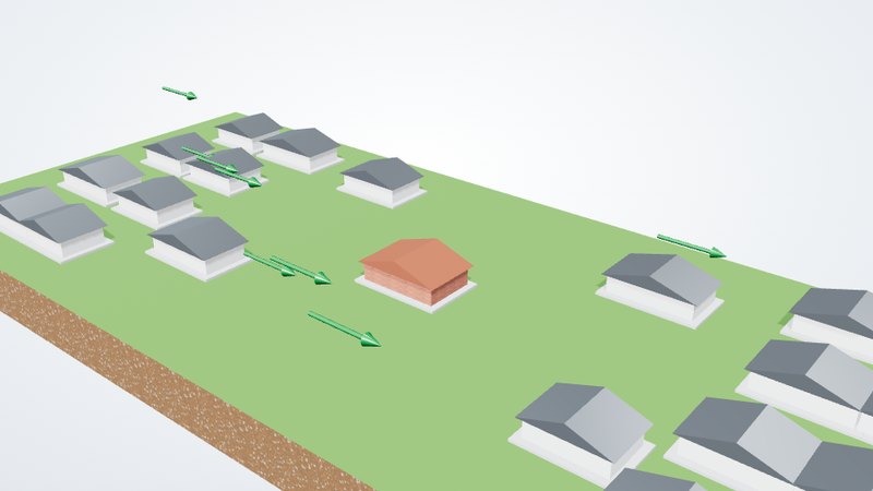 3D site model showing a house on a slope with wind arrows
