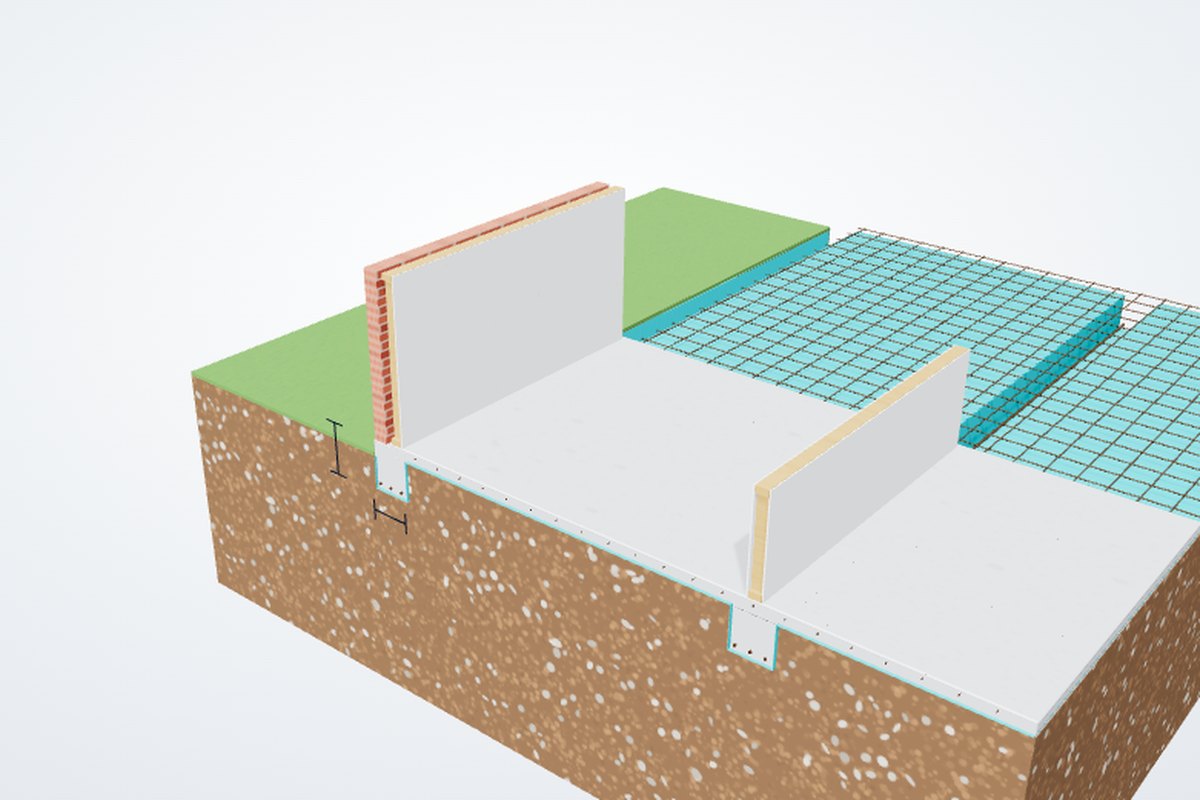 Cutaway render of a stiffened raft slab with its edge beam, internal beam, vapour barrier, reinforcing mesh and a brick veneer wall