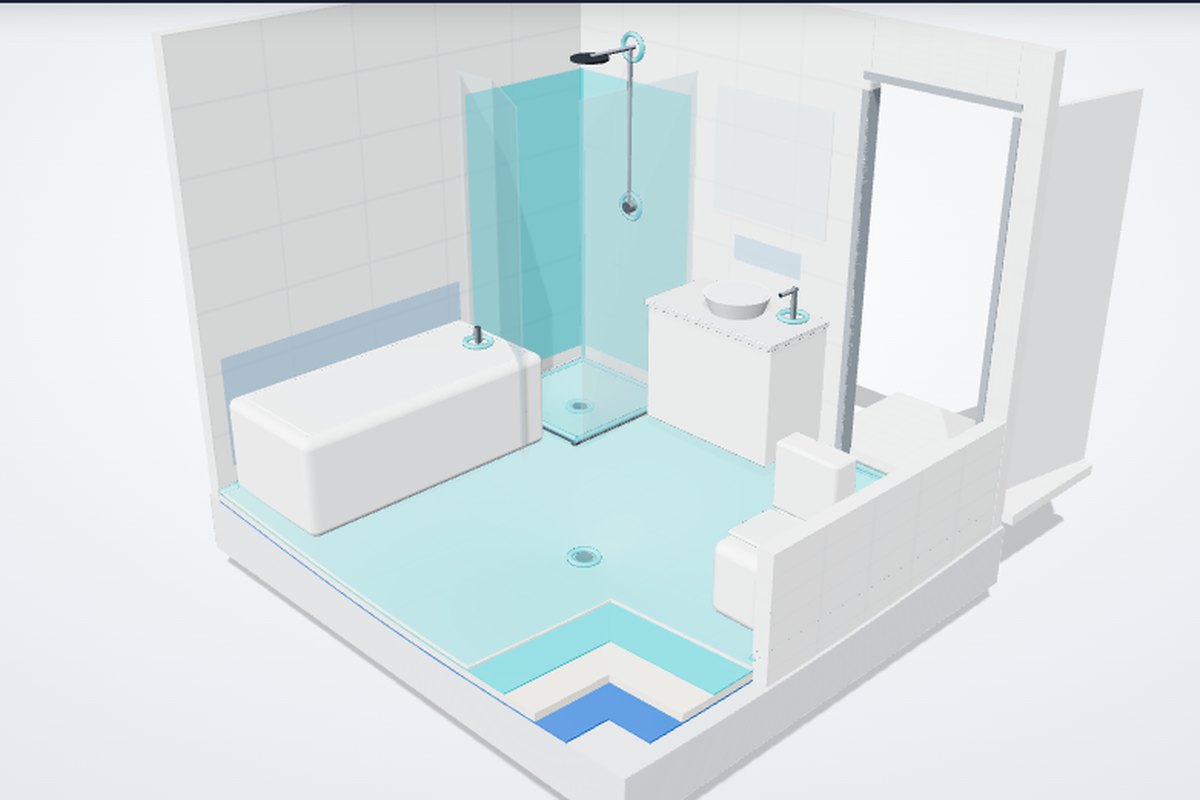 Bathroom with the shower walls, floor and junctions coloured by their NCC Specification 26 requirement