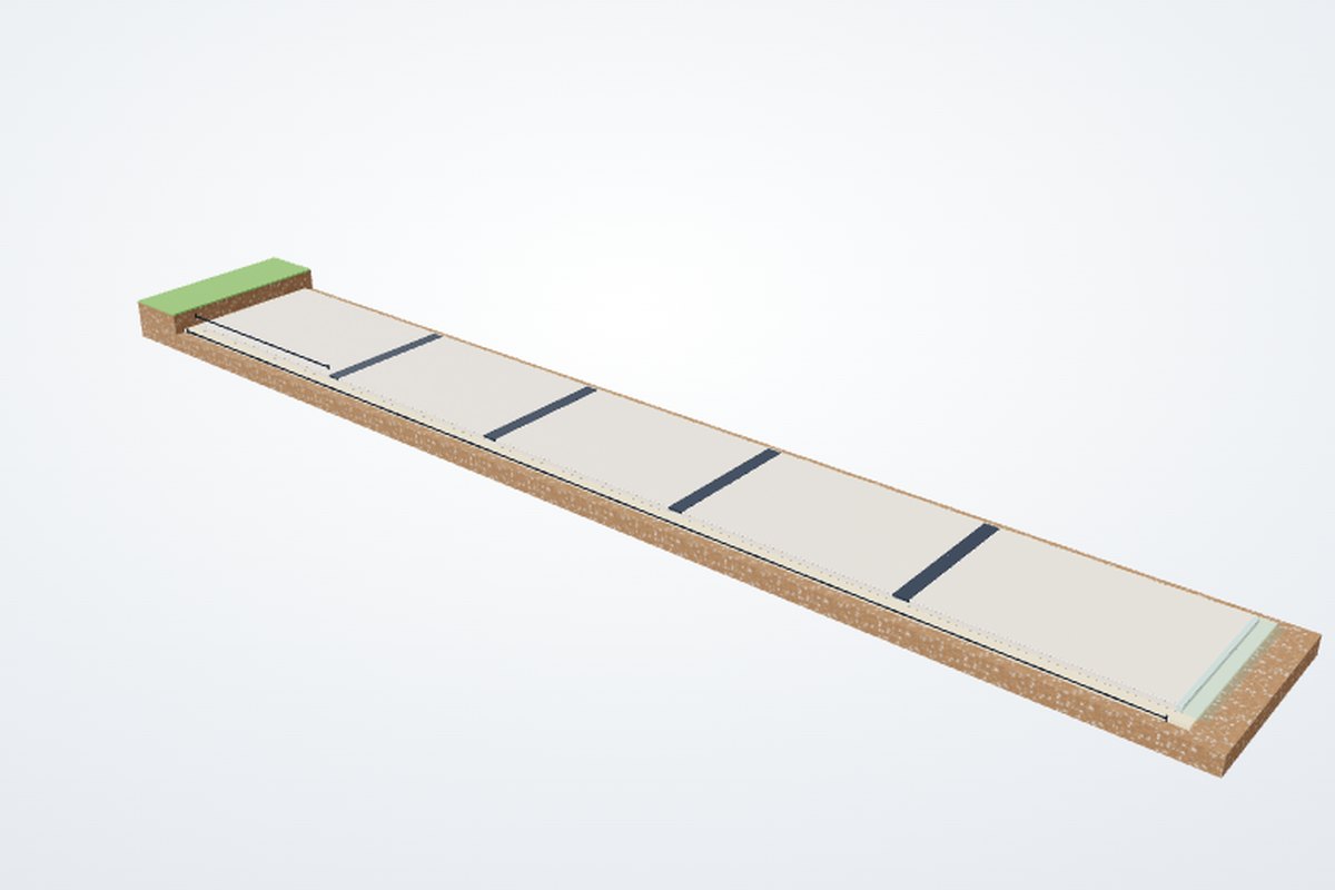 Render of a long concrete slab on sand with sealed movement joints, warm at one end and cool at the other
