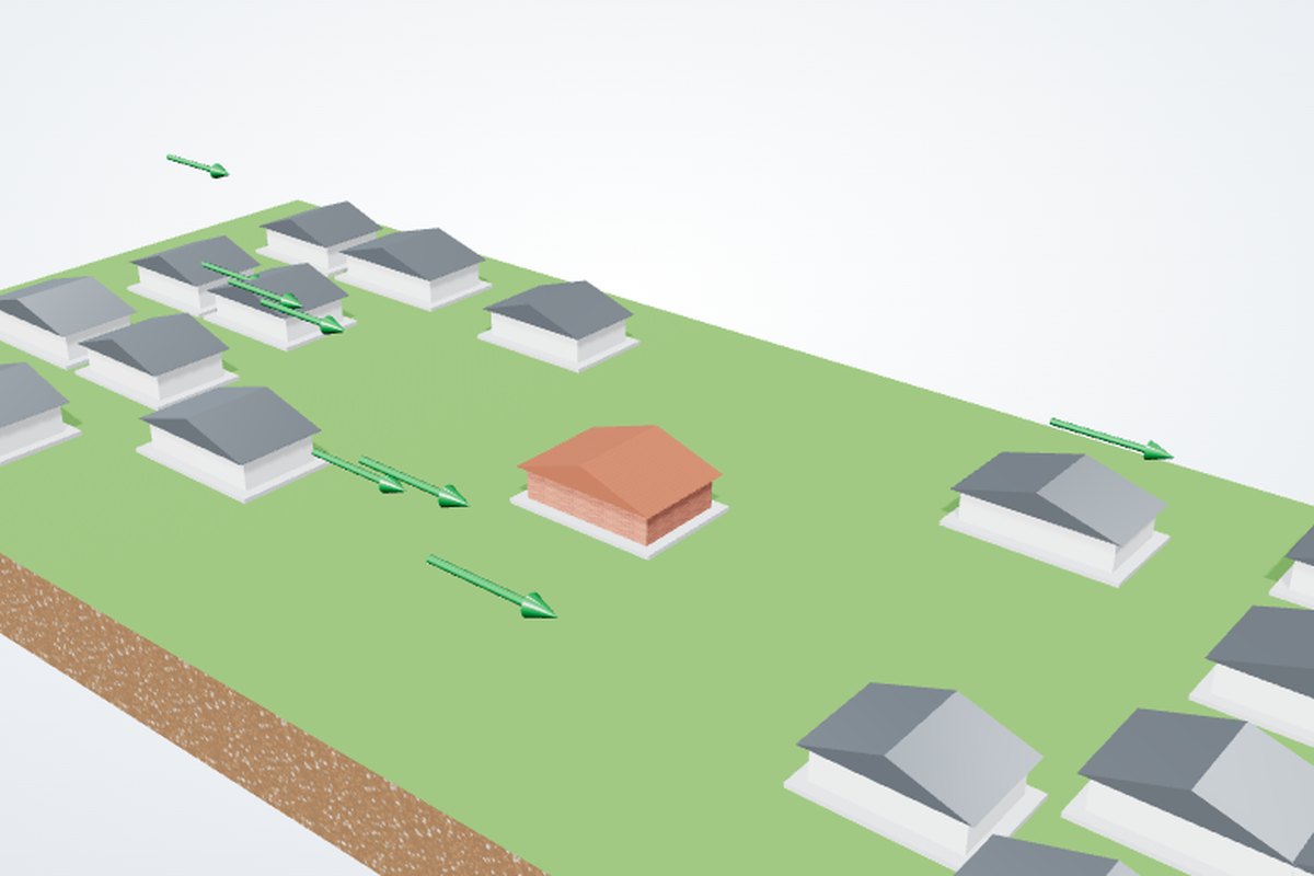 Render of a suburban site with a brick house, neighbouring houses and wind streamlines passing over it