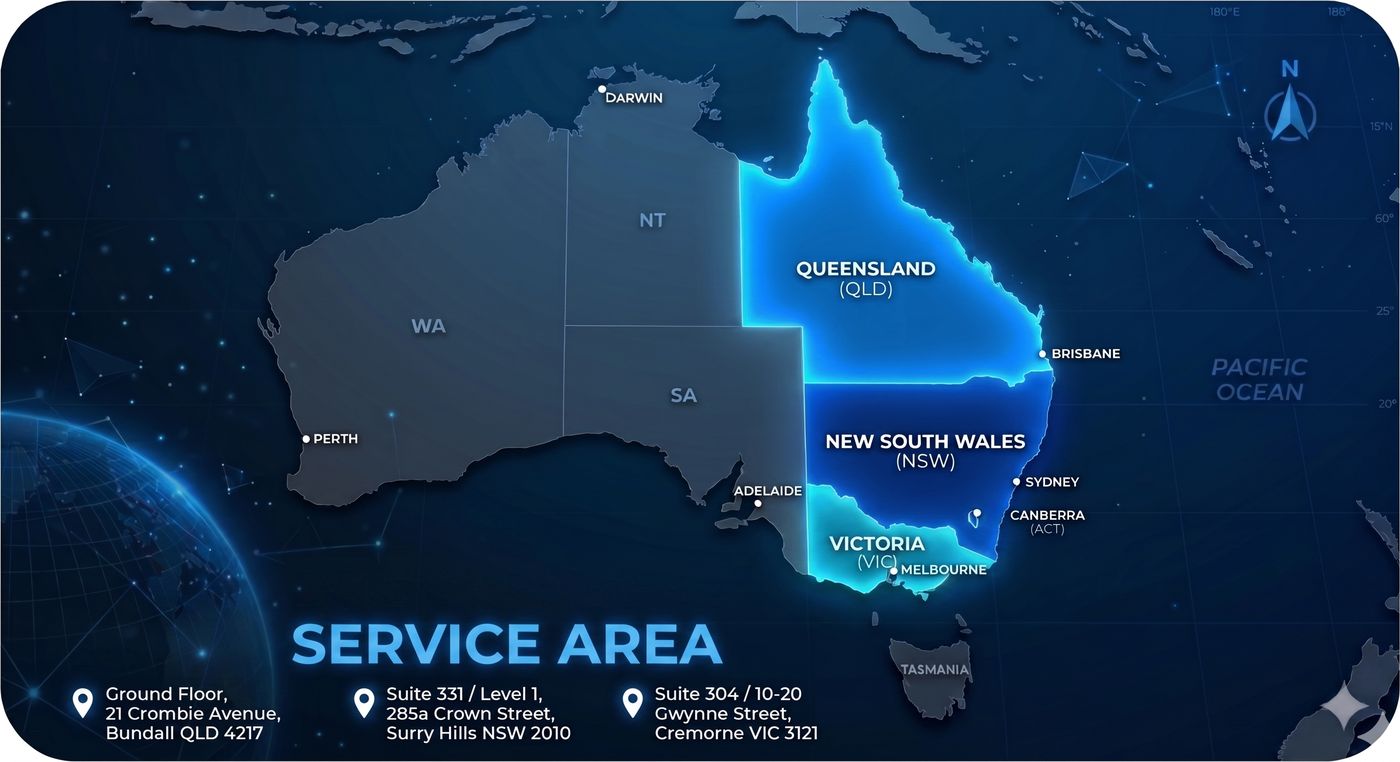 Excelo Consulting Engineers service area covering NSW, Queensland and Victoria with offices in Surry Hills, Bundall and Cremorne